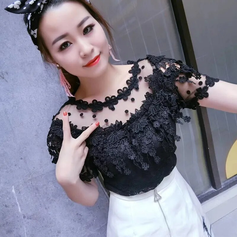 2018, vară, toamnă, bluză din dantelă, dulce, florală, cămașă din dantelă, pentru femei, fără spate, bluze din plasă, bluze, topuri scurte AB929