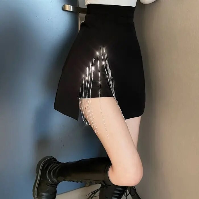 Streetwear Chain Tassel φούστες Γυναικείες Καλοκαιρινή Ψηλόμεση Split Mini φούστες Vintage Plus Size Μαύρη φούστα femme Casual φούστες Γυναικείες