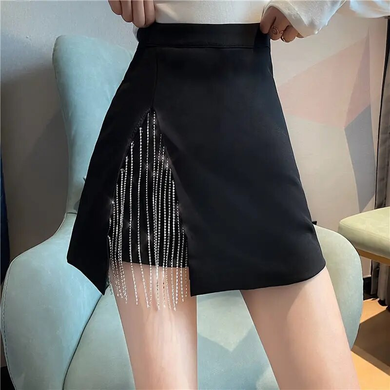 Streetwear Chain Tassel φούστες Γυναικείες Καλοκαιρινή Ψηλόμεση Split Mini φούστες Vintage Plus Size Μαύρη φούστα femme Casual φούστες Γυναικείες