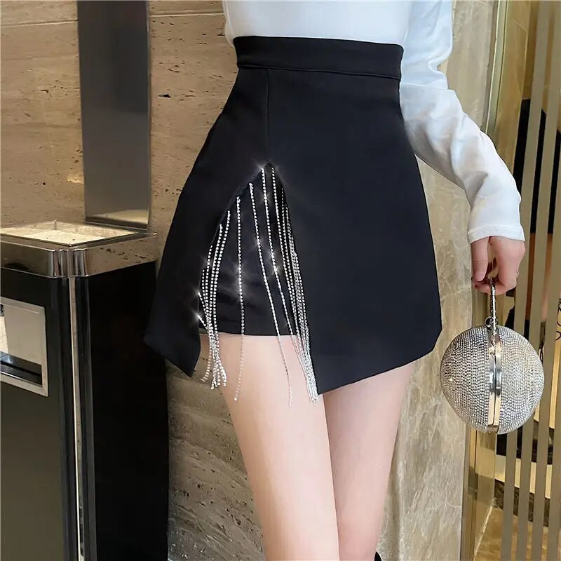 Streetwear Chain Tassel φούστες Γυναικείες Καλοκαιρινή Ψηλόμεση Split Mini φούστες Vintage Plus Size Μαύρη φούστα femme Casual φούστες Γυναικείες