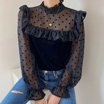 Ανοιξιάτικο και φθινοπωρινό πουκάμισο πουά βολάν μανίκι τρομπέτα με ραφές κοτλέ μπλούζα γυναικεία