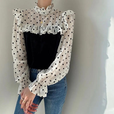 Ανοιξιάτικο και φθινοπωρινό πουκάμισο πουά βολάν μανίκι τρομπέτα με ραφές κοτλέ μπλούζα γυναικεία