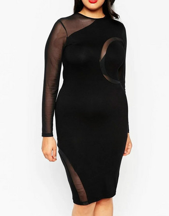 Φόρεμα Bodycon από διχτυωτό πλέγμα συνονθύλευμα Γυναικείο μακρυμάνικο μονόχρωμο μαύρο σέξι φόρεμα με θήκη μέχρι το γόνατο Ανοιξιάτικο φόρεμα πάρτι 6XL