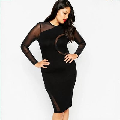 Didelio dydžio tinklinio audinio „bodycon“ suknelė, moteriška ilgomis rankovėmis, vientisa juoda, seksuali klubo suknelė iki kelių pavasario vakarėliui 6XL