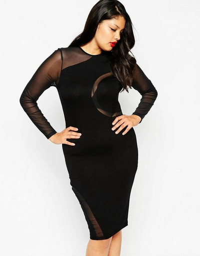 Liela izmēra sieta, patchwork bodycon kleita sievietēm ar garām piedurknēm vienkrāsaina melna, seksīga kluba kleita līdz ceļgaliem pavasara ballīšu kleita 6XL
