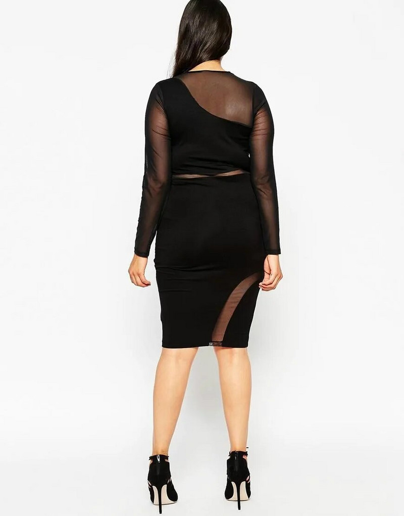 Didelio dydžio tinklinio audinio „bodycon“ suknelė, moteriška ilgomis rankovėmis, vientisa juoda, seksuali klubo suknelė iki kelių pavasario vakarėliui 6XL