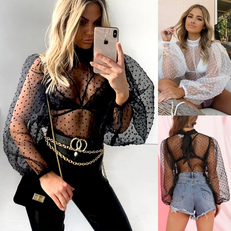 Moteriškos seksualios tinklinės palaidinės permatomos ilgomis pūstomis rankovėmis ploni nėriniuoti apatiniai marškiniai Pavasario rudens drabužiai