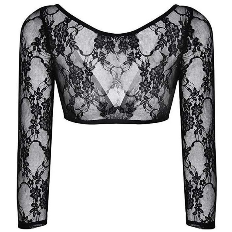 Bluze din dantelă din plasă pentru femei, ocazional, cu mâneci lungi, cu decolteu în V, bluze crop topuri, cămăși pentru femei, cămașă pentru femei, cu flori transparente