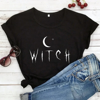 Witch Star Moon Print Дамска тениска с къс ръкав с О деколте Свободна дамска тениска Дамска тениска Camisetas Mujer