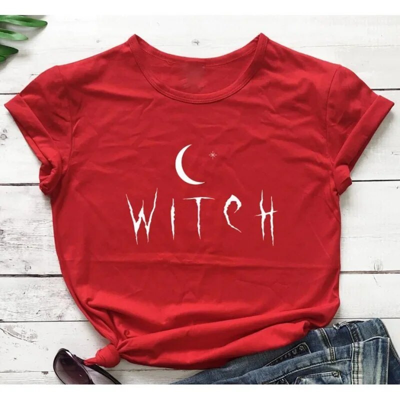 „Witch Star Moon Print“ moteriški marškinėliai trumpomis rankovėmis, laisvi kaklo moteriški marškinėliai Moteriški marškinėliai „Camisetas Mujer“