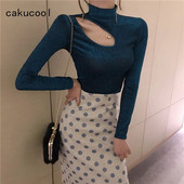 Cakucool, új, elegáns, állógallér üreges ing női hosszú ujjú szexi fényes Lurex Bling felső blúzok Slim Blusa Pull Hiver Femme