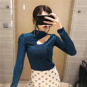 Cakucool, új, elegáns, állógallér üreges ing női hosszú ujjú szexi fényes Lurex Bling felső blúzok Slim Blusa Pull Hiver Femme