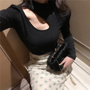 Cakucool, új, elegáns, állógallér üreges ing női hosszú ujjú szexi fényes Lurex Bling felső blúzok Slim Blusa Pull Hiver Femme