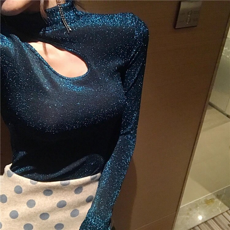 Cakucool, új, elegáns, állógallér üreges ing női hosszú ujjú szexi fényes Lurex Bling felső blúzok Slim Blusa Pull Hiver Femme