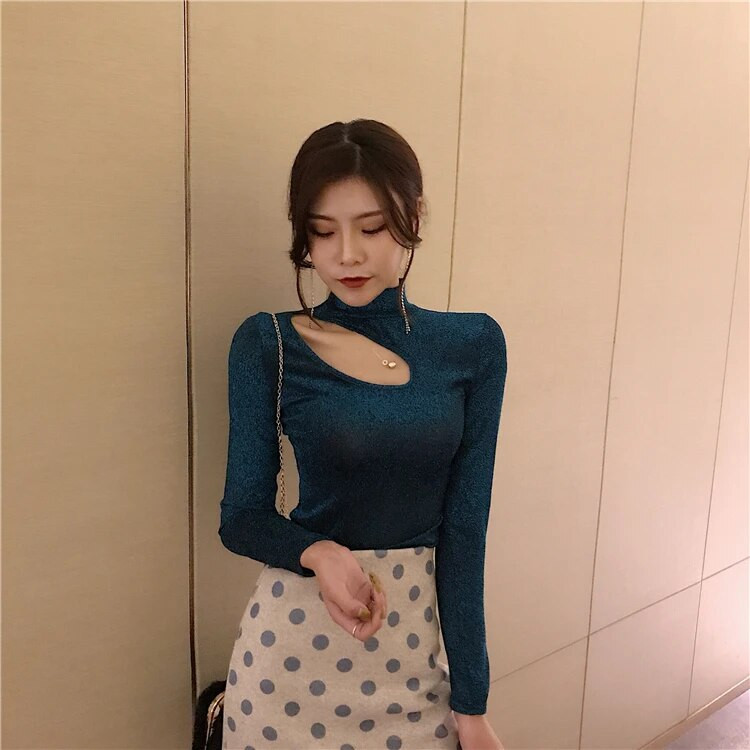 Cakucool, új, elegáns, állógallér üreges ing női hosszú ujjú szexi fényes Lurex Bling felső blúzok Slim Blusa Pull Hiver Femme