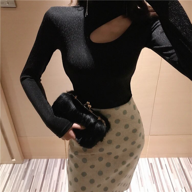 Cakucool, új, elegáns, állógallér üreges ing női hosszú ujjú szexi fényes Lurex Bling felső blúzok Slim Blusa Pull Hiver Femme