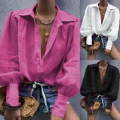 Bluză largi pentru damă, cu mânecă lungă, cu decolteu în V, cu nasturi, Bluze pentru femei, Bluze pentru femei de modă, cămăși de top casual, de birou, pentru femei