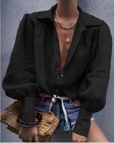 Bluză largi pentru damă, cu mânecă lungă, cu decolteu în V, cu nasturi, Bluze pentru femei, Bluze pentru femei de modă, cămăși de top casual, de birou, pentru femei