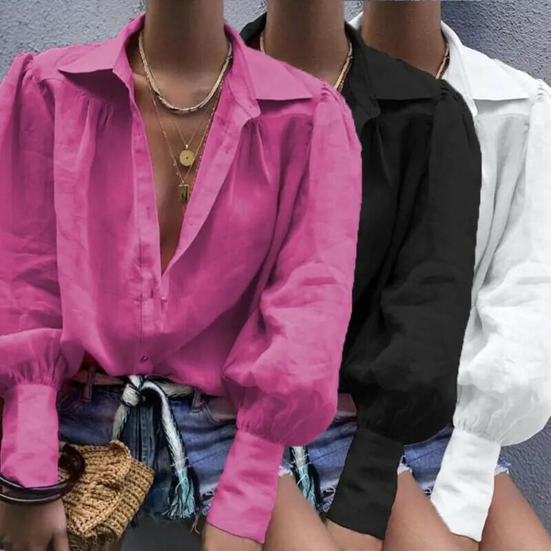 Bluză largi pentru damă, cu mânecă lungă, cu decolteu în V, cu nasturi, Bluze pentru femei, Bluze pentru femei de modă, cămăși de top casual, de birou, pentru femei