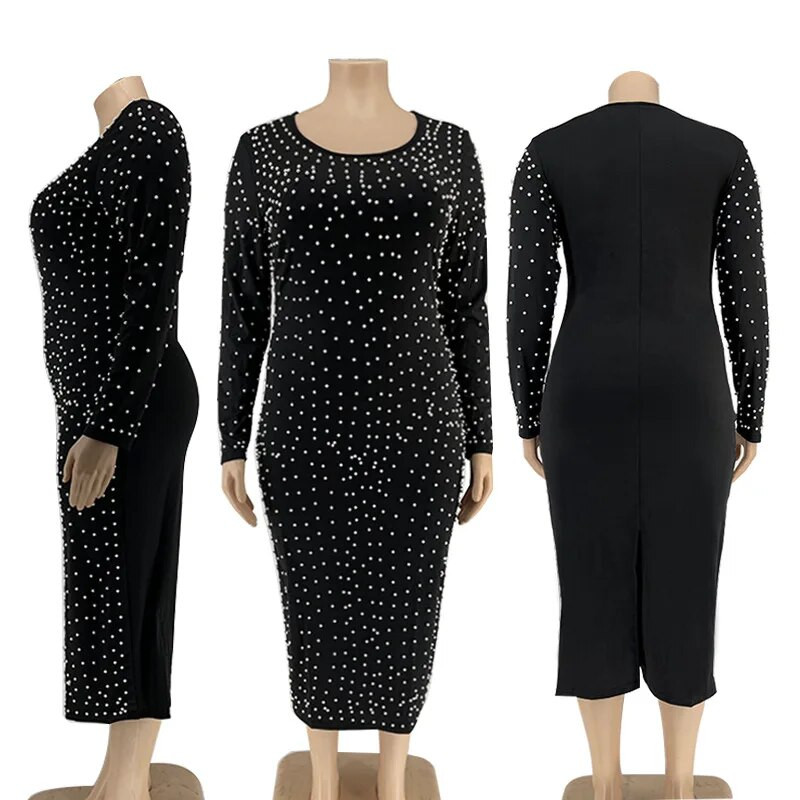 Φόρεμα Midi Μόδα με χάντρες O λαιμό μακρυμάνικο Κομψό streetwear Leisure Φόρεμα μεσαίας μέσης συν μέγεθος XL-5XL Χονδρική Dropshipping