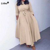 Sügistalv suures suuruses naiste riided ühevärvilised moodne ümara kaelusega side Kolm neljandikku varrukatega, kõrge vöökohaga elegantne maksikleit