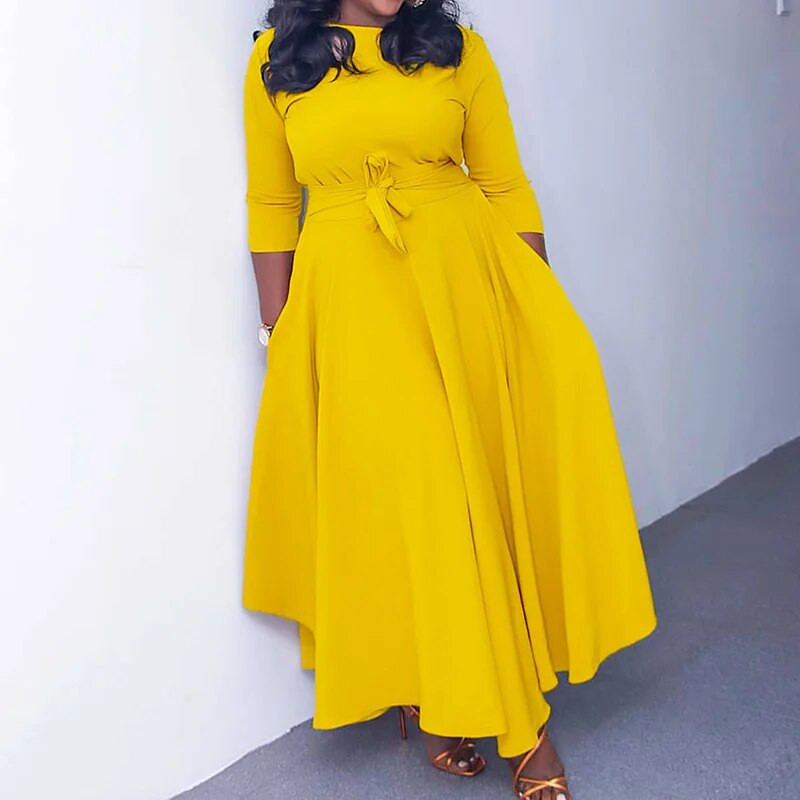 Sügistalv suures suuruses naiste riided ühevärvilised moodne ümara kaelusega side Kolm neljandikku varrukatega, kõrge vöökohaga elegantne maksikleit