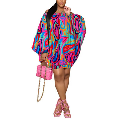 Wsfec L-3XL Γυναικεία Φορέματα 2023 Plus Size Sexy Slash Neck μακρυμάνικο Loose Fashion Printing Club Party Mini Dress Χονδρική