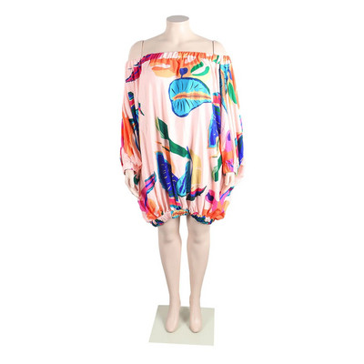 Wsfec L-3XL Γυναικεία Φορέματα 2023 Plus Size Sexy Slash Neck μακρυμάνικο Loose Fashion Printing Club Party Mini Dress Χονδρική