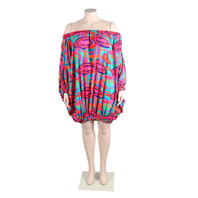 Wsfec L-3XL Γυναικεία Φορέματα 2023 Plus Size Sexy Slash Neck μακρυμάνικο Loose Fashion Printing Club Party Mini Dress Χονδρική