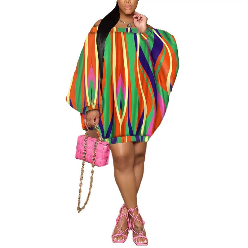 Wsfec L-3XL Γυναικεία Φορέματα 2023 Plus Size Sexy Slash Neck μακρυμάνικο Loose Fashion Printing Club Party Mini Dress Χονδρική