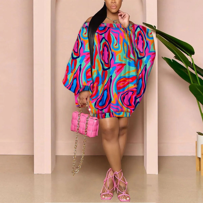 Wsfec L-3XL Γυναικεία Φορέματα 2023 Plus Size Sexy Slash Neck μακρυμάνικο Loose Fashion Printing Club Party Mini Dress Χονδρική