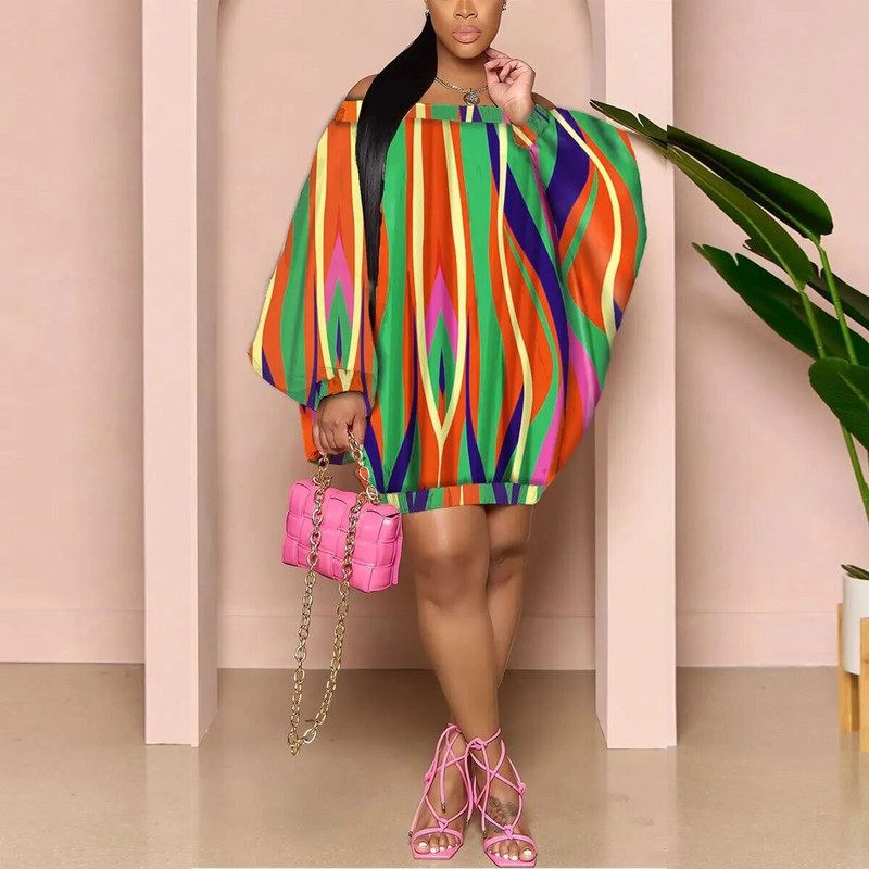 Wsfec L-3XL Γυναικεία Φορέματα 2023 Plus Size Sexy Slash Neck μακρυμάνικο Loose Fashion Printing Club Party Mini Dress Χονδρική