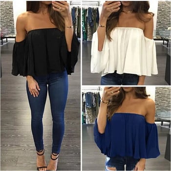 Cropped Tops 2017 Kawaii Καλοκαιρινά πουκάμισα Flare Sleeve Blusa Feminina Γυναικεία Μπλούζα Chiffon Blusas Sexy Off Shoulder Top Party