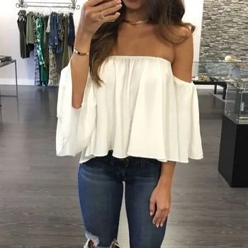 Cropped Tops 2017 Kawaii Καλοκαιρινά πουκάμισα Flare Sleeve Blusa Feminina Γυναικεία Μπλούζα Chiffon Blusas Sexy Off Shoulder Top Party