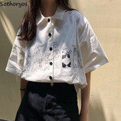 Bluza Ženska košulja Ovratnik s otvorenim ovratnikom Ljeto Harahjuku Streetwear Printed BF Fashion Womens Vintage Elegant Students Ulzzang Chic