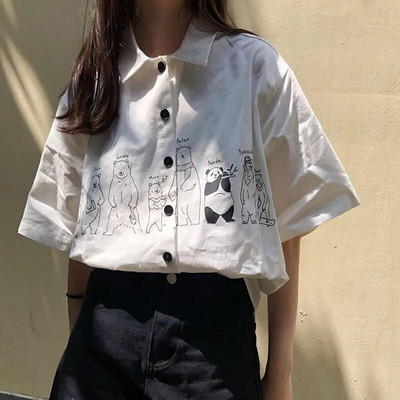 Bluza Ženska košulja Ovratnik s otvorenim ovratnikom Ljeto Harahjuku Streetwear Printed BF Fashion Womens Vintage Elegant Students Ulzzang Chic