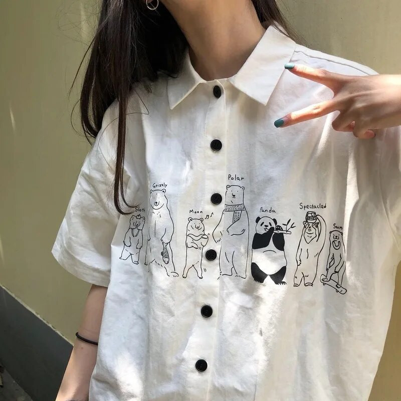 Bluza Ženska košulja Ovratnik s otvorenim ovratnikom Ljeto Harahjuku Streetwear Printed BF Fashion Womens Vintage Elegant Students Ulzzang Chic