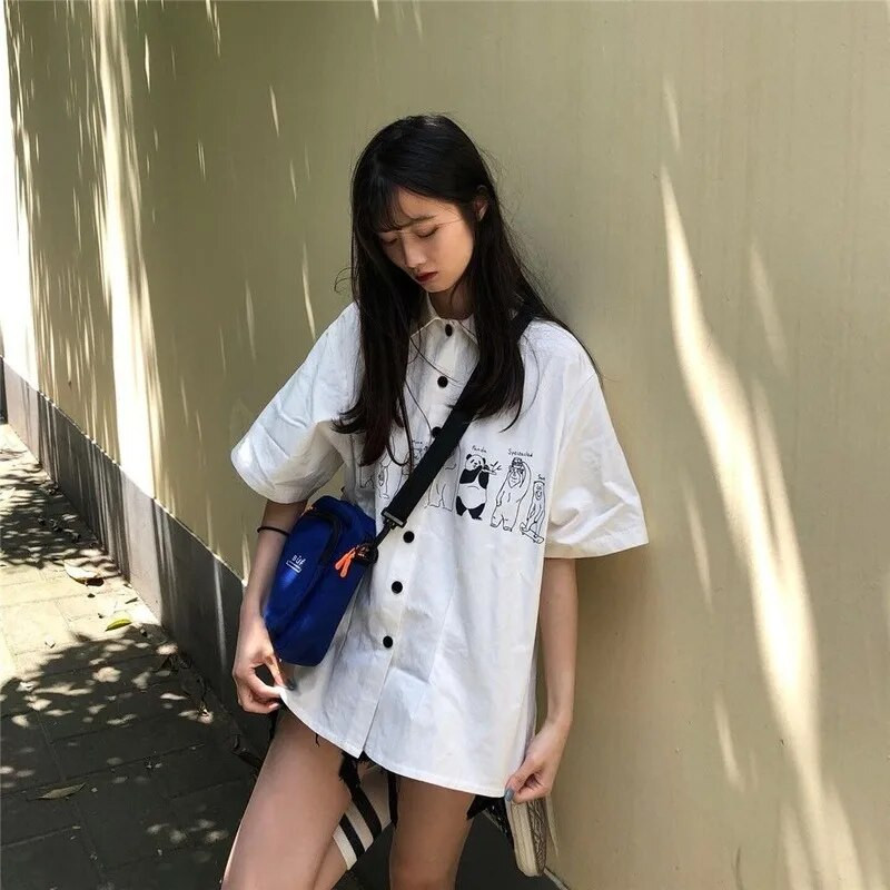 Bluza Ženska košulja Ovratnik s otvorenim ovratnikom Ljeto Harahjuku Streetwear Printed BF Fashion Womens Vintage Elegant Students Ulzzang Chic