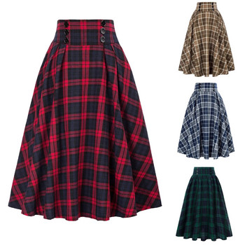 Γυναικεία vintage πλισέ καρό φούστα Φθινοπωρινή άνοιξη ψηλόμεση Κορεάτικο στυλ Preppy Midi φούστες με κουμπιά Διακόσμηση σε μεγάλο μέγεθος