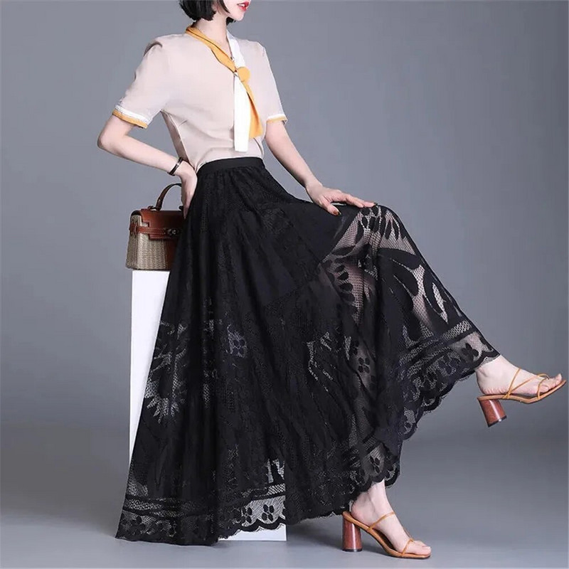 Temperament Jednobojne čipkane dugačke suknje A-kroja Ženska ljetna jesen Patchwork široka suknja od tila velike veličine Elegantna modna ženska odjeća