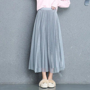 Елегантна дамска пола-чадър от златисто кадифе от тюл. Корейска модна еластична пола с висока талия. Ежедневна плисирана пола