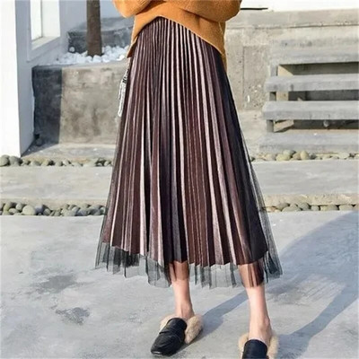 Elegantna kišobran suknja od tila od zlatnog baršuna velike veličine za žene Korejska modna elastična suknja visokog struka A kroja Ležerna plisirana suknja