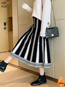 Jesen Zima Pruge Patchwork Plus Size Pletena duga suknja Vintage elastična plisirana suknja visokog struka Ženska suknja A kroja za sve
