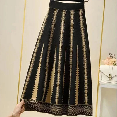 Jesen Zima Pruge Patchwork Plus Size Pletena duga suknja Vintage elastična plisirana suknja visokog struka Ženska suknja A kroja za sve