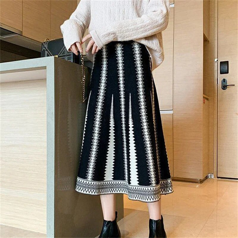 Jesen Zima Pruge Patchwork Plus Size Pletena duga suknja Vintage elastična plisirana suknja visokog struka Ženska suknja A kroja za sve