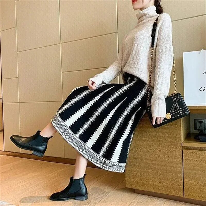 Jesen Zima Pruge Patchwork Plus Size Pletena duga suknja Vintage elastična plisirana suknja visokog struka Ženska suknja A kroja za sve