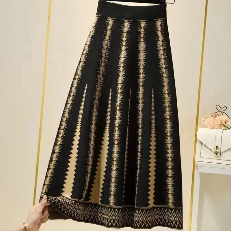 Jesen Zima Pruge Patchwork Plus Size Pletena duga suknja Vintage elastična plisirana suknja visokog struka Ženska suknja A kroja za sve