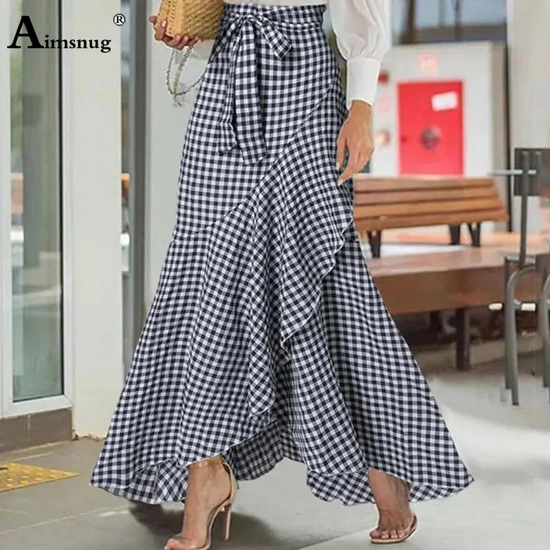 2024 Νέα ανοιξιάτικη casual ρετρό καρό φούστες Γυναικείες κομψές μακριές φούστες με βολάν για πάρτι Φορέματα με φούστα με ψηλόμεσο μπουμπούκι Plus Size S-5XL