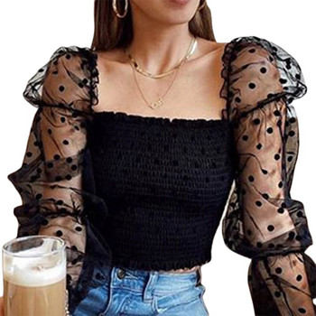 Дамска блуза с волани Мрежести ризи с издути ръкави без гръб Дамски прозрачни ръкави Плисирана обвивка на гърдите Дамски блузи на точки