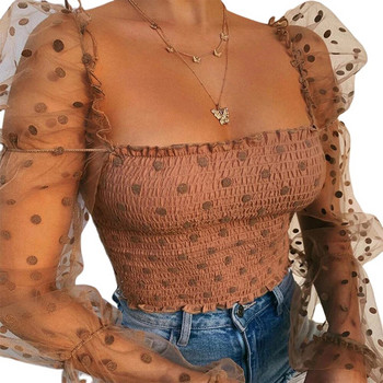 Дамска блуза с волани Мрежести ризи с издути ръкави без гръб Дамски прозрачни ръкави Плисирана обвивка на гърдите Дамски блузи на точки